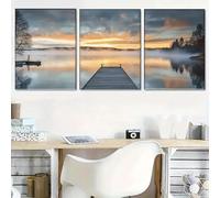 Póster de arte moderno con estampado de muelle y vista al amanecer en el lago brumoso, ideal para la decoración moderna del hogar en la sala de estar (50x70cm x 3/marco interno).