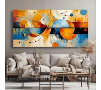 Póster de arte mural abstracto moderno sobre lienzo: impresión en tinta con círculos dinámicos en vibrantes tonos naranja, azul, negro y blanco para sala de estar (75 x 150 cm/Sin marco).