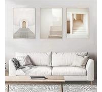 Póster de arte mural de arquitectura abstracta neutra, minimalista, bohemio, con escalera, pintura al óleo, galería, decoración moderna para el hogar (30 x 40 cm, 3 unidades)