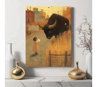 Póster de arte popular caprichoso, regalo artístico con historia, lienzo con bisonte de Fall Town, arte mural de cuento de hadas nostálgico (30x40cm/sin marco)