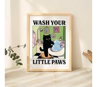 Póster de baño con estampado de gato verde para lavarse las patas, bonito póster para el baño, para niños, con impresiones kawaii, decoración, arte único de gatos (90 x 120 cm, marco interior)
