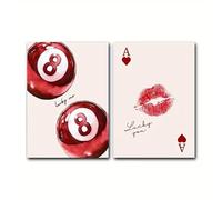 Póster de bola de billar Red Lips 8, juego de 2, póster "Red Lucky Me", decoración estética para habitación, arte de pared moderno, decoración para casa o apartamento (30 x 45 cm, lienzo envuelto)
