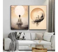 Póster de Buda Zen, Yoga, Círculo Enso, Meditación, Serenidad, Naturaleza, Paisaje, Arte de pared, Lienzo, Impresión, Decoración del hogar (70 x 100 cm, 2 piezas sin marco)