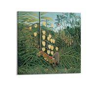 Póster de cuadros famosos de Henri Rousseau, tigre y búfalo que luchan contra el bosque tropical, arte para pared, lienzo impreso, dormitorio, sala de estar, decoración de 60 x 60 cm