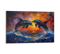 Póster de delfín en lienzo para pared, pintura náutica del océano marino y costero del atardecer, decoración estética moderna para baño, sala de estar, dormitorio, oficina, 40 x 60 cm