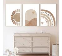 Póster de Dibujos Animados de Arcoíris Sol Luna y Paisaje de Montaña Con Líneas Estilo Boho Lienzo Pintado Arte Nórdico Pared Decoración la Habitación de Los Niños y el Hogar-40*60cm*3PCS (sin marco)