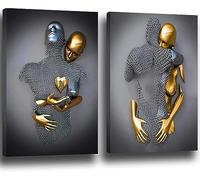 Póster de escultura 3D para amantes de la estatua de metal, arte en lienzo, pintura romántica abstracta, póster e impresiones moderno sala de estar decoración del hogar - sin marco (2 piezas de 20 x