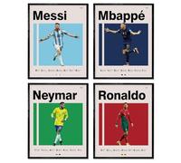 Póster de fútbol de 8 x 10 pulgadas, impresiones en lienzo sin marco, juego de 4 - Messi, Ronaldo, Mbape y Neymar, famosa superestrella de fútbol, decoración deportiva para dormitorio de niños, arte