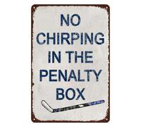 Póster de jugador de hockey, letrero de metal de hojalata, no chirping in the penalty box, carteles de metal vintage para el hogar, cocina, bar, habitación, garaje, decoración de cueva de hombre, 8 x
