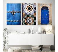 Póster de la Puerta Marroquí de la Ciudad Azul, Arquitectura Árabe, Impresión en Lienzo para Decoración de Pared en Sala de Estar Moderna (40x60cm/3 Piezas Sin Marco)