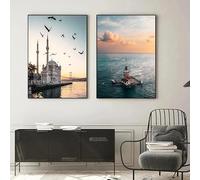 Póster de la Torre de la Doncella de Estambul, Turquía, con paisaje del amanecer en la Mezquita de Ortakoy, lienzo impreso, decoración de pared para el hogar (60 x 80 cm, 2 piezas sin marco)