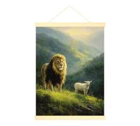 Póster de león para colgar en la pared, diseño realista de ovejas, montañas de ovejas, color verde, para colgar en la pared, cocina, baño, cubículo, decoración de 12 x 16 pulgadas