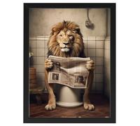 Póster de león sobre inodoro, 30 cm x 40 cm, con marco, decoración de baño, decoración de pared, regalo divertido