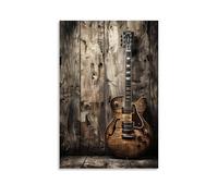 Póster de lienzo clásico de guitarra vintage, arte de pared de música retro de madera, decoración rústica cálida para sala de estar, dormitorio, hogar, acento musical atemporal, 40 x 60 cm