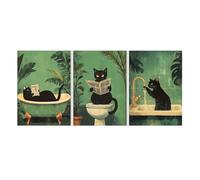 Póster de lienzo con diseño de gato negro para baño, estilo retro, para pared de baño, decoración moderna para sala de estar, dormitorio y baño (40x60cm/marco interior)