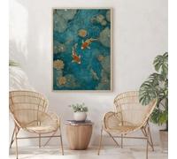 Póster de lienzo con diseño de peces koi japoneses, diseño de libélulas de loto y estanque verde esmeralda, arte zen para pared, decoración del hogar (35 x 50 cm)