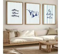 Póster de lienzo con estampado de rayas azules de La Dolce Vita, sardinas, bikini, arte de pared costero moderno para sala de estar, dormitorio, decoración del hogar (60 x 90 cm x 3/sin marco)