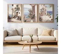 Póster de lienzo con impresión de un pueblo costero italiano, arte moderno de paisaje mediterráneo, decoración de pared para sala de estar (60 x 80 cm, 3 unidades)