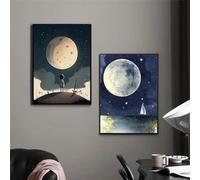 Póster de lienzo con pintura creativa de luna colorida, hermoso paisaje nocturno abstracto, imagen de pared para decoración del hogar, 60 x 80 cm x 2, sin marco