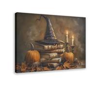Póster de lienzo con sombrero de bruja en una pila de libros de hechizos, decoración de dormitorio, paisaje, oficina, habitación, regalo, 30 x 45 cm
