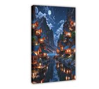 Póster de lienzo con vista nocturna de ensueño, un pueblo mágico bajo la luz de la luna, decoración de dormitorio, paisaje, oficina, habitación, regalo, 20 x 30 cm