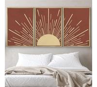 Póster de lienzo de 3 piezas con diseño de sol y rayos, obra de arte moderna de mediados de siglo, decoración bohemia neutra para sala de estar (60 x 80 cm/marco interior)