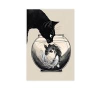 Póster de lienzo de estilo japonés con diseño de gato negro quiere comer pescado en la pecera, cocina, decoración de dormitorio, paisaje, oficina, habitación, regalo, 30 x 45 cm