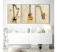 Póster de lienzo de estilo vintage con instrumento musical, impresión artística de pared, notas musicales, decoración nórdica para el hogar (70 x 100 cm, 3 unidades sin marco)