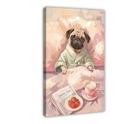 Póster de lienzo para decoración de dormitorio de mascotas caprichosa - Póster de lectura de carlino para decoración de pared, pinturas para sala de estar, dormitorio, 20 x 30 cm