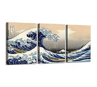 Póster de lienzo para decoración del hogar, 3 piezas, Katsushika Hokusai Great Wave Off Kanagawa Views of Mount Fuji, pintura de pared lista para colgar (30 x 40 x 30 cm)