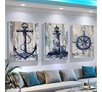 Póster de lienzo retro de estilo nórdico con ancla, faro y brújula, decoración para dormitorio y sala de estar (70 x 90 cm x 3 cm/marco interior)