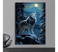 Póster de lobo blanco y luna, pintura en lienzo de lobo aullando, arte de pared moderno de vida silvestre para sala de estar, decoración del hogar, 50 x 70 cm (19,6 x 27,5 pulgadas), sin marco