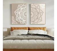 Póster de mandala con estampado islámico moderno bohemio beige, floral, para puerta de mezquita, lienzo, pintura de yoga, arte de pared, decoración del hogar (50 x 70 cm, 2 unidades)