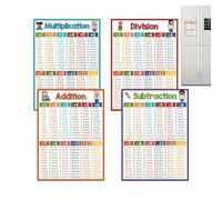 Póster de matemáticas para niños de escuela primaria, juego de 4 unidades, 21 x 28,5 cm, 300 g, recubierto de colores, tabla de suma, multiplicación, división, pared de área de aprendizaje