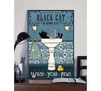 Póster de metal para decoración de baño, diseño de gato negro con texto en inglés "Wash Your Pat", regalo retro vintage para amantes de los gatos, 20 x 30 cm