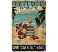 Póster de metal vintage con decoración de animales para Ragdoll, gato, vida en la playa, dedos de los pies de arena, besos salados, piscina, letrero de metal decorativo de aluminio de estaño, arte de
