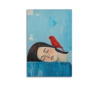 Póster de mujer vibrante con pájaro en la cabeza, estilo vintage, estético, para sala de estar, 60 x 90 cm, estilo sin marco