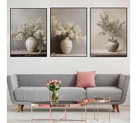 Póster de naturaleza muerta con flores de primavera en jarrón vintage, pintura botánica floral en lienzo en tonos suaves para decoración del hogar y sala de estar (50x70cmx3/marco interno)