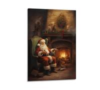 Póster de Navidad con diseño de Papá Noel sentado junto a la chimenea leyendo, lienzo decorativo para pared e impresión artística moderna para decoración de dormitorio familiar, 60 x 90 cm