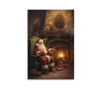 Póster de Navidad con diseño de Papá Noel sentado junto a la chimenea leyendo, lienzo decorativo para pared e impresión artística moderna para decoración de dormitorio familiar, 60 x 90 cm