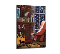 Póster de Navidad con Papá Noel sentado junto a la chimenea, póster decorativo de lienzo para pared e impresión artística moderna para decoración de dormitorio familiar, 60 x 90 cm