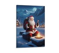 Póster de Navidad de Papá Noel con bastón de caramelo en un pueblo nevado de montaña, póster decorativo de lienzo para pared e impresión artística moderna para decoración de dormitorio familiar, 60 x