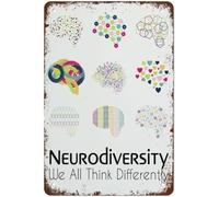 Póster de neurodiversidad con texto en inglés "We All Think Differently Brain Art Neurodiversity", letreros de estaño, decoración del hogar, cocina, decoración de pared, póster de metal para