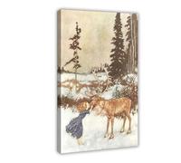 Póster de niña besando a reno, Gerda y el reno de Navidad, Woodland Edmund Dulac, póster decorativo para dormitorio, arte de pared, oficina, habitación, decoración estética