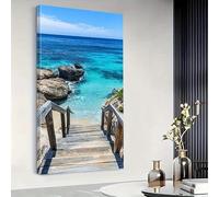 Póster de océano azul, pintura rupestre impresa, mural de pared, obra de arte moderna vívida, escalera, dormitorio, oficina, decoración de interiores del hogar (55 x 110 cm/marco interior)