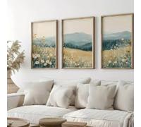 Póster de paisaje bohemio con margaritas de montaña y flores silvestres, estética de cabaña de campo, pintura sobre lienzo para decoración del hogar (60x80cm x 3/marco interno)