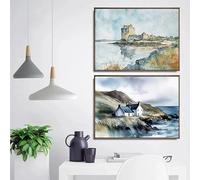 Póster de paisaje de granja campestre con acuarela, pintura en lienzo, arte de pared de casa de campo, imagen para sala de estar, decoración del hogar (60 x 80 cm, 2 piezas sin marco)