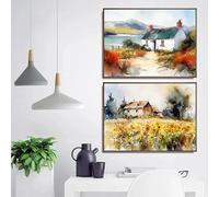 Póster de paisaje de granja campestre con acuarela, pintura en lienzo, arte de pared de casa de campo, imagen para sala de estar, decoración del hogar (50 x 70 cm, 2 piezas sin marco)