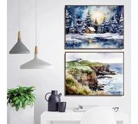 Póster de paisaje de granja campestre con acuarela, pintura en lienzo, arte de pared de casa de campo, imagen para sala de estar, decoración del hogar (50 x 70 cm, 2 piezas sin marco)