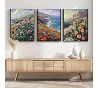 Póster de paisaje de pradera, flores silvestres, montaña, isla y bosque, estilo primaveral, impresiones en lienzo, decoración moderna para pared del hogar (40 x 60 cm, 3 piezas sin marco)